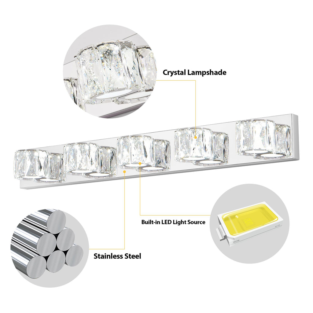 Modern Crystal 5-Light LED Wall Sconce - Chrome Bathroom Vanity Light