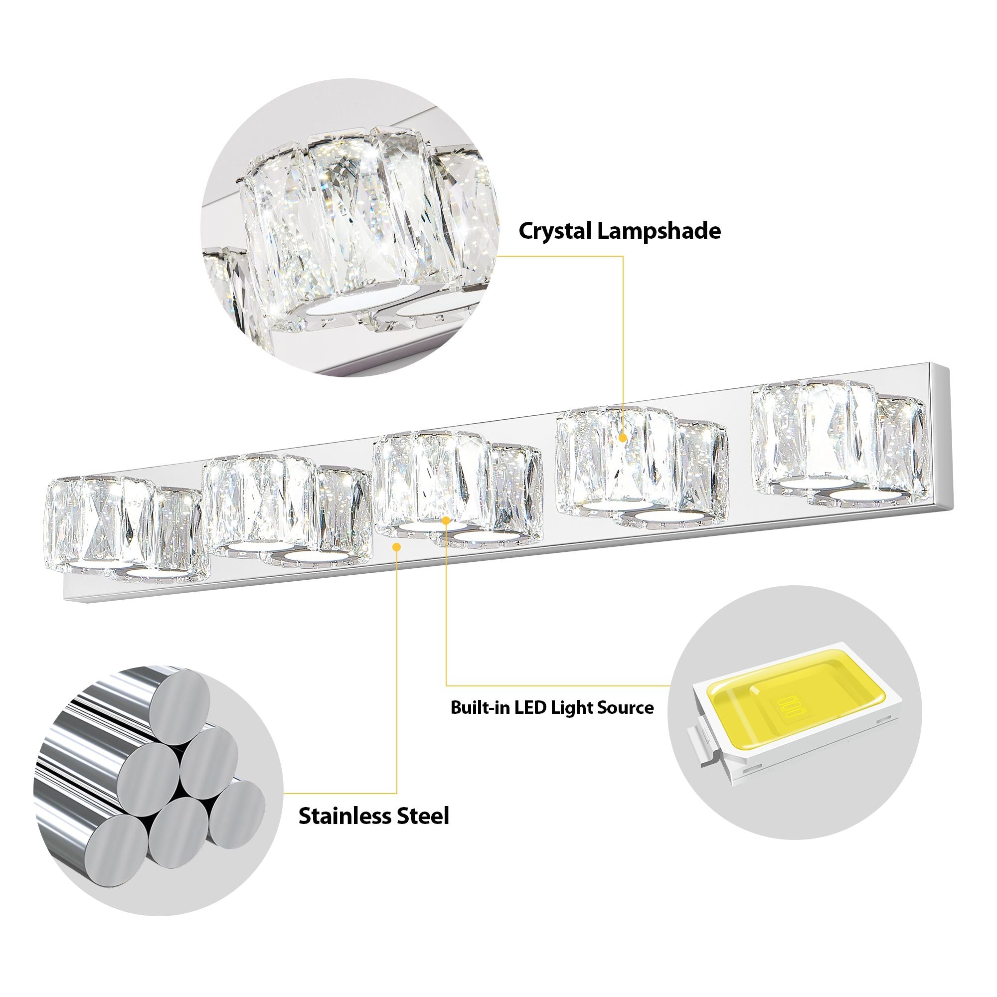 Modern Crystal 5-Light LED Wall Sconce - Chrome Bathroom Vanity Light