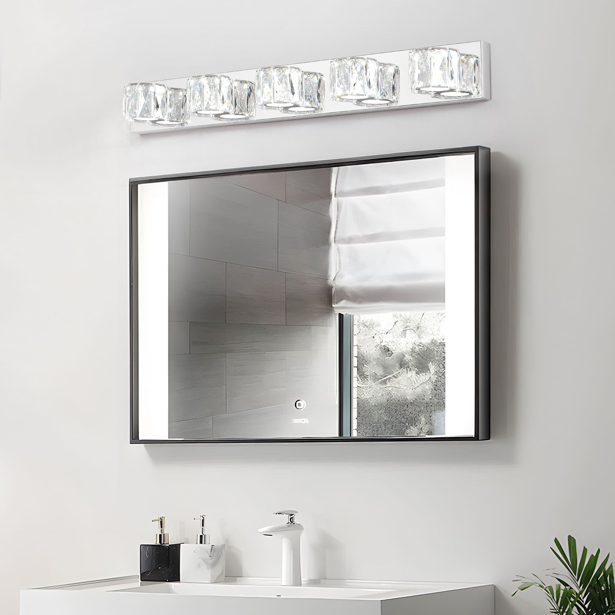 Modern Crystal 5-Light LED Wall Sconce - Chrome Bathroom Vanity Light