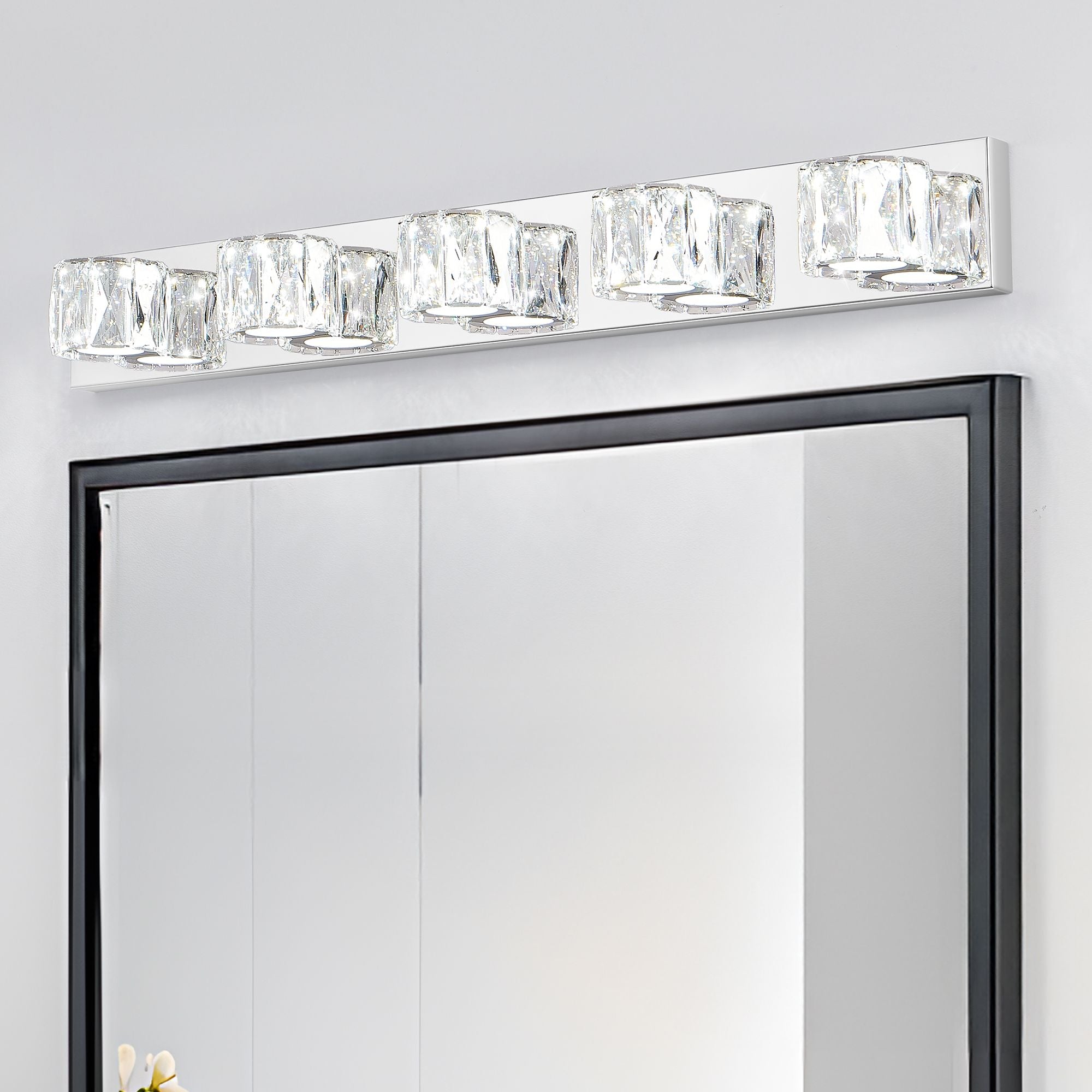 Modern Crystal 5-Light LED Wall Sconce - Chrome Bathroom Vanity Light