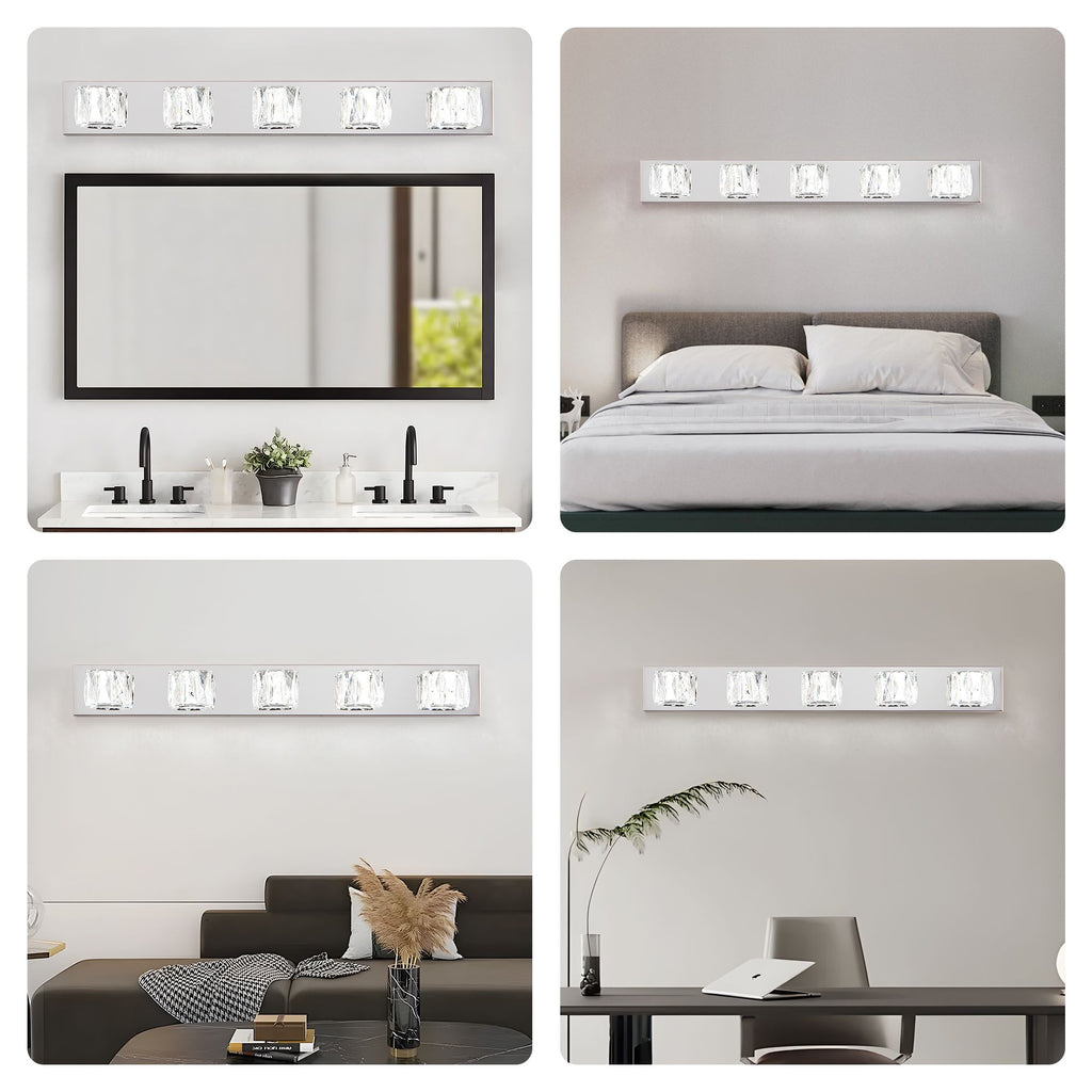 Modern Crystal 5-Light LED Wall Sconce - Chrome Bathroom Vanity Light