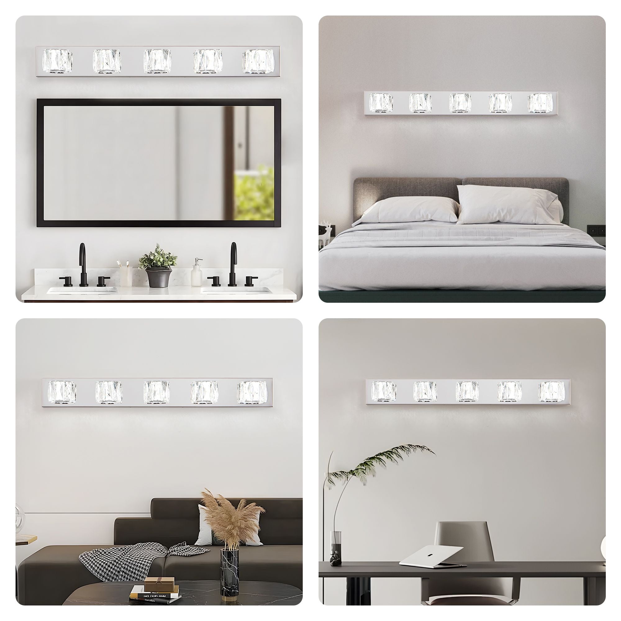 Modern Crystal 5-Light LED Wall Sconce - Chrome Bathroom Vanity Light