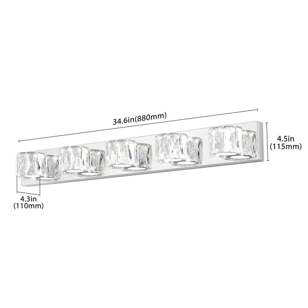Modern Crystal 5-Light LED Wall Sconce - Chrome Bathroom Vanity Light