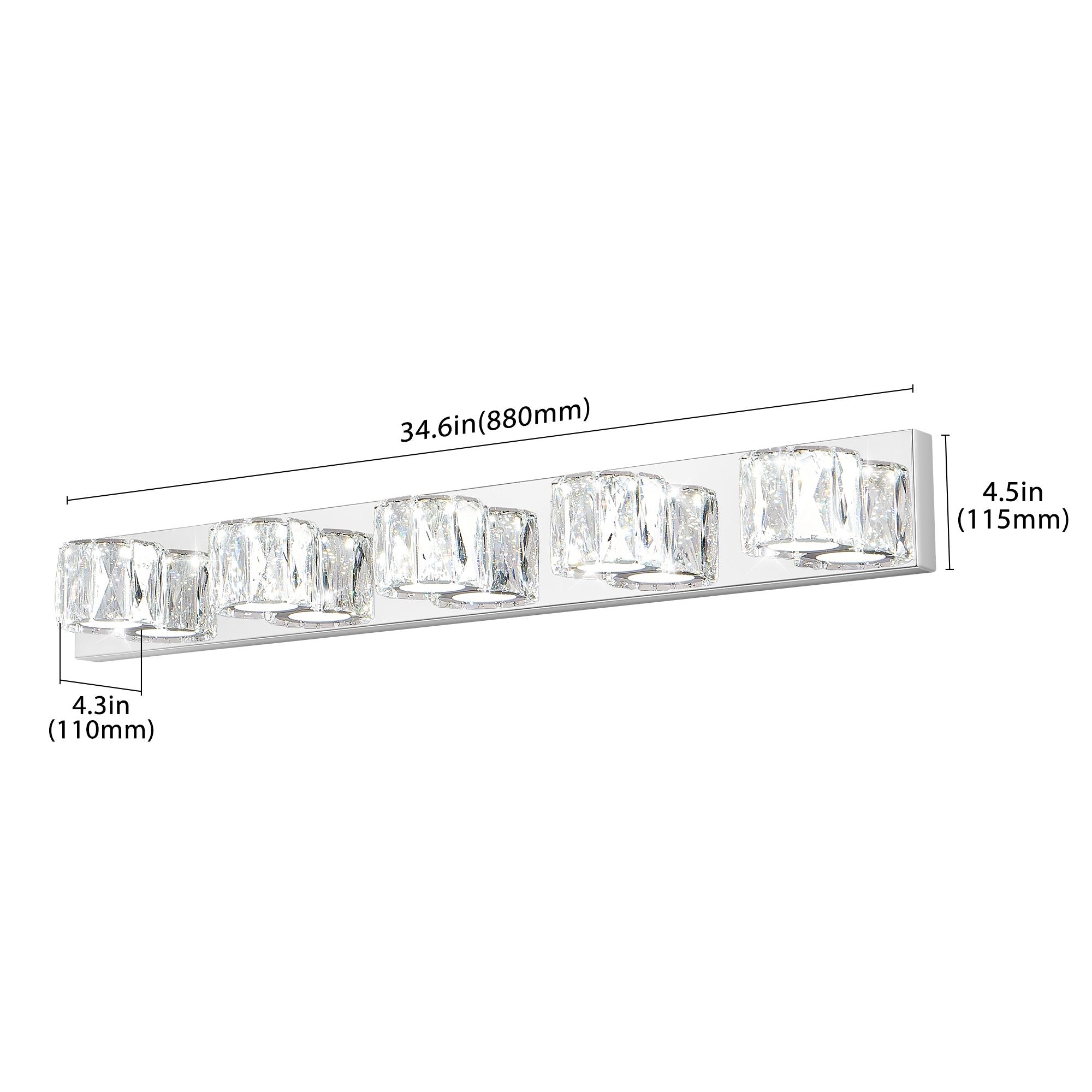 Modern Crystal 5-Light LED Wall Sconce - Chrome Bathroom Vanity Light