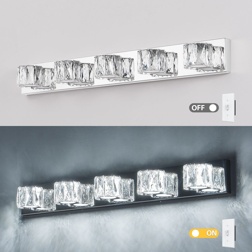 Modern Crystal 5-Light LED Wall Sconce - Chrome Bathroom Vanity Light