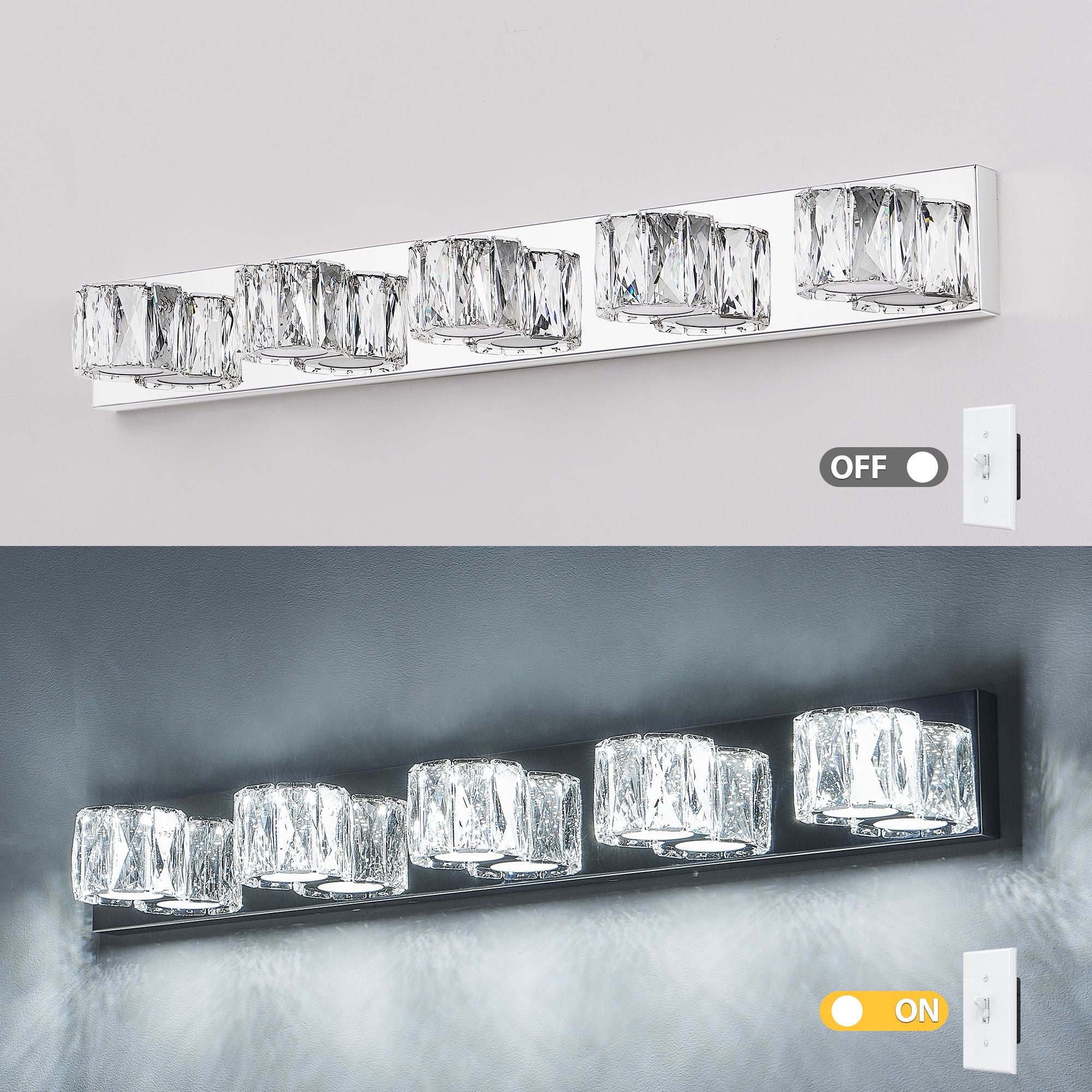 Modern Crystal 5-Light LED Wall Sconce - Chrome Bathroom Vanity Light