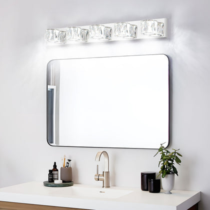 Modern Crystal 5-Light LED Wall Sconce - Chrome Bathroom Vanity Light