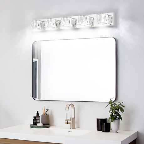 Modern Crystal 5-Light LED Wall Sconce - Chrome Bathroom Vanity Light