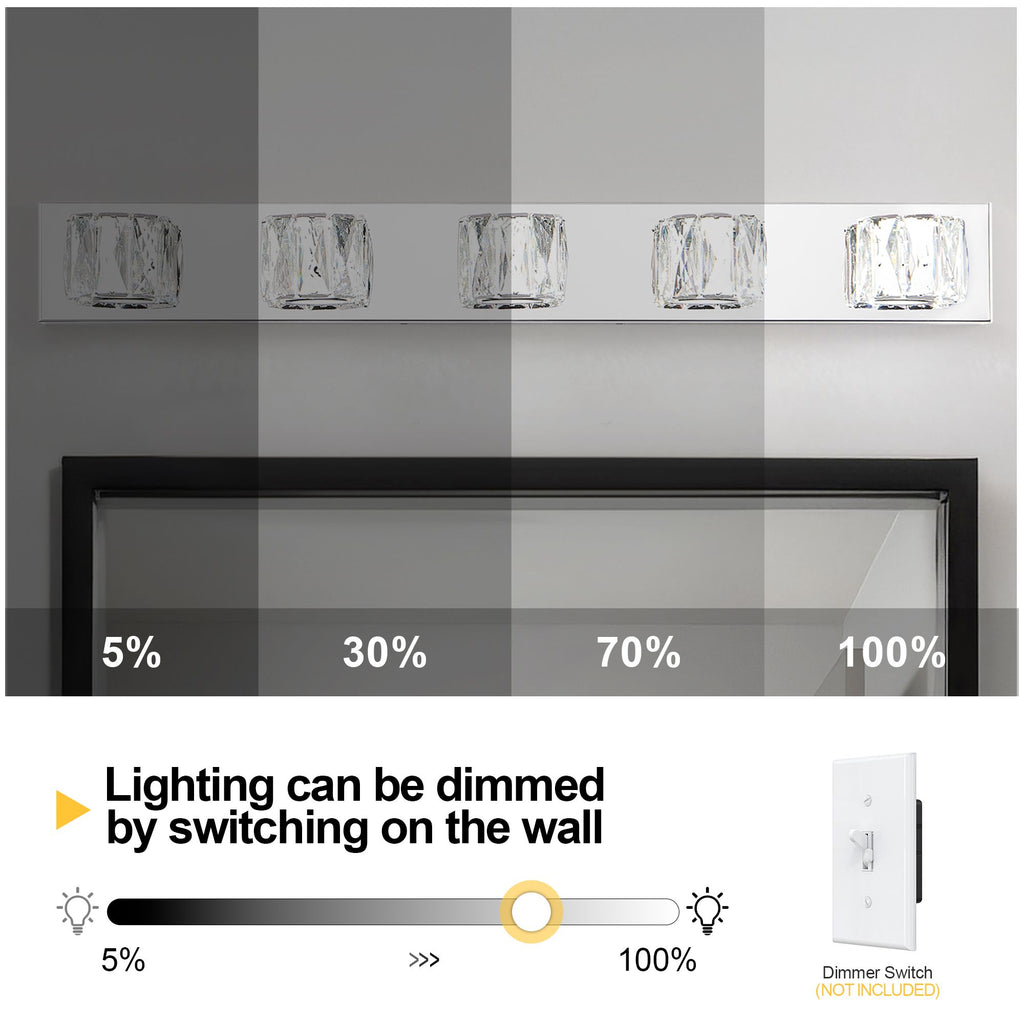 Modern Crystal 5-Light LED Wall Sconce - Chrome Bathroom Vanity Light