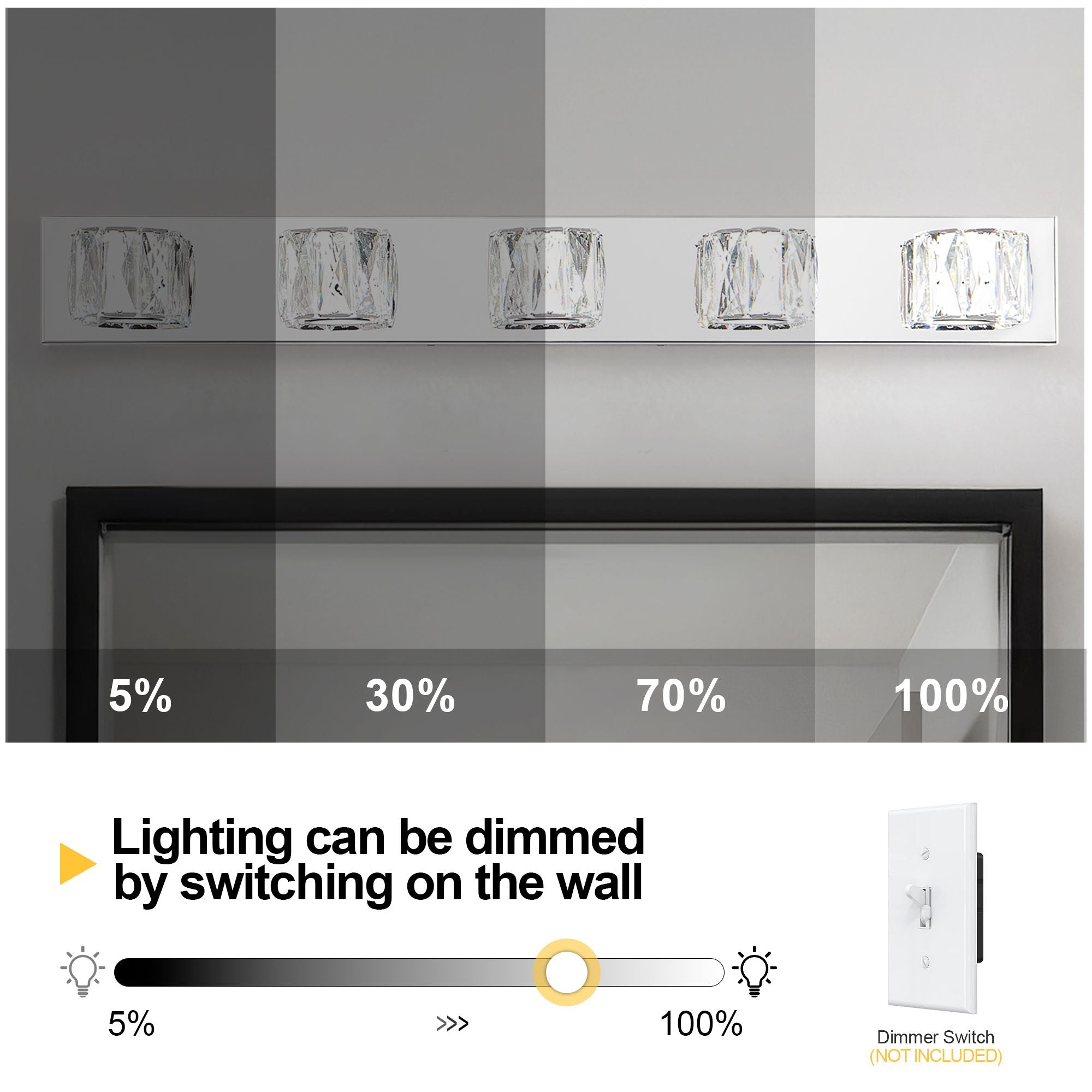 Modern Crystal 5-Light LED Wall Sconce - Chrome Bathroom Vanity Light