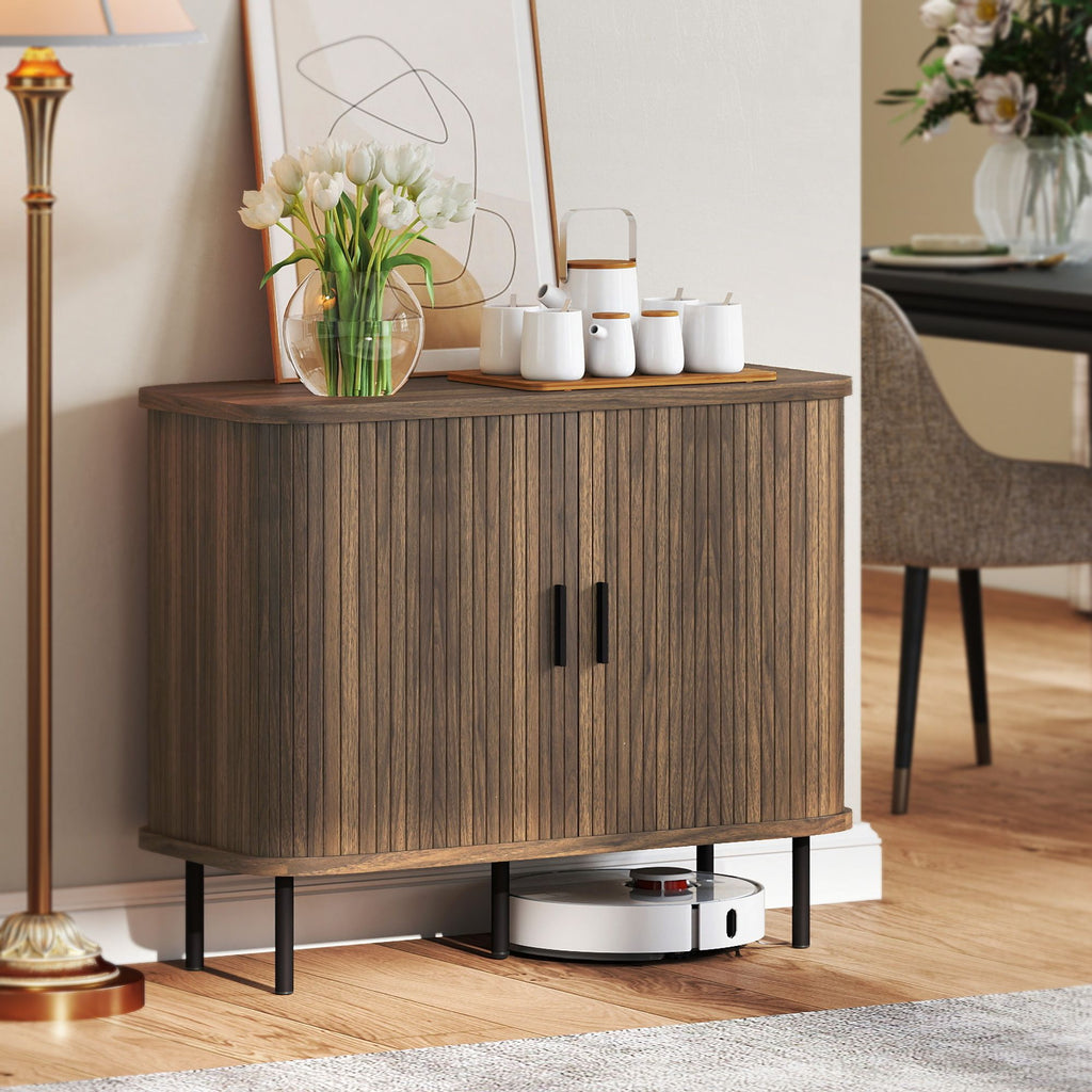 Slatted Tambour Door Sideboard Cabinet with Storage, Walnut and Black