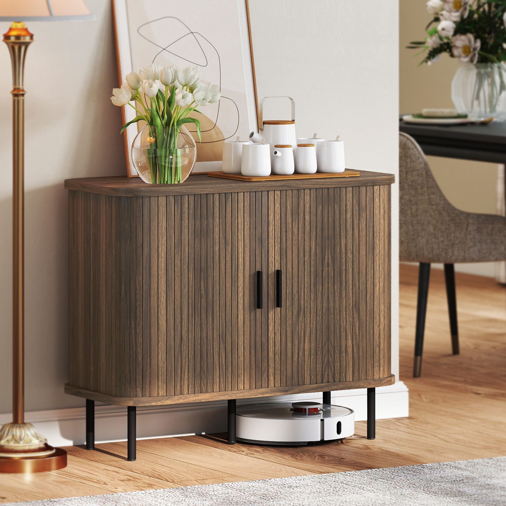 Slatted Tambour Door Sideboard Cabinet with Storage, Walnut and Black