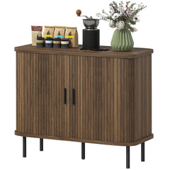 Slatted Tambour Door Sideboard Cabinet with Storage, Walnut and Black