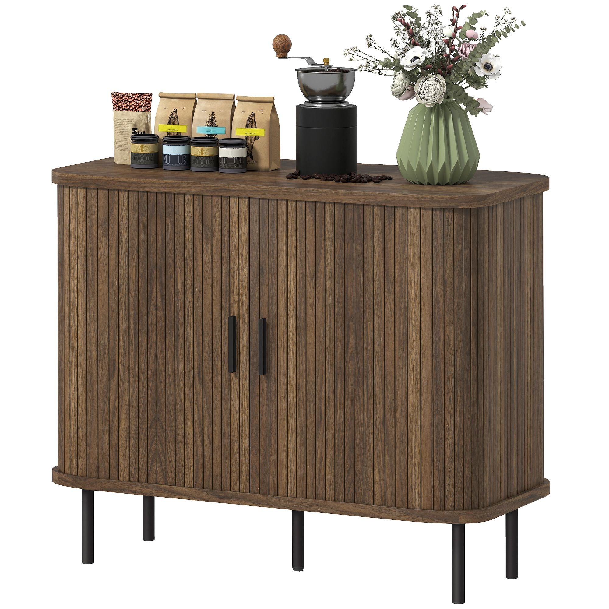 Slatted Tambour Door Sideboard Cabinet with Storage, Walnut and Black