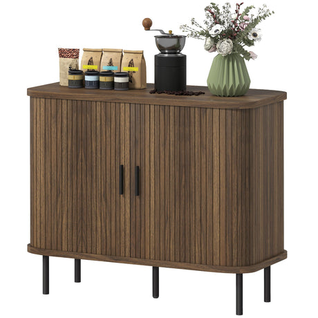 Slatted Tambour Door Sideboard Cabinet with Storage, Walnut and Black