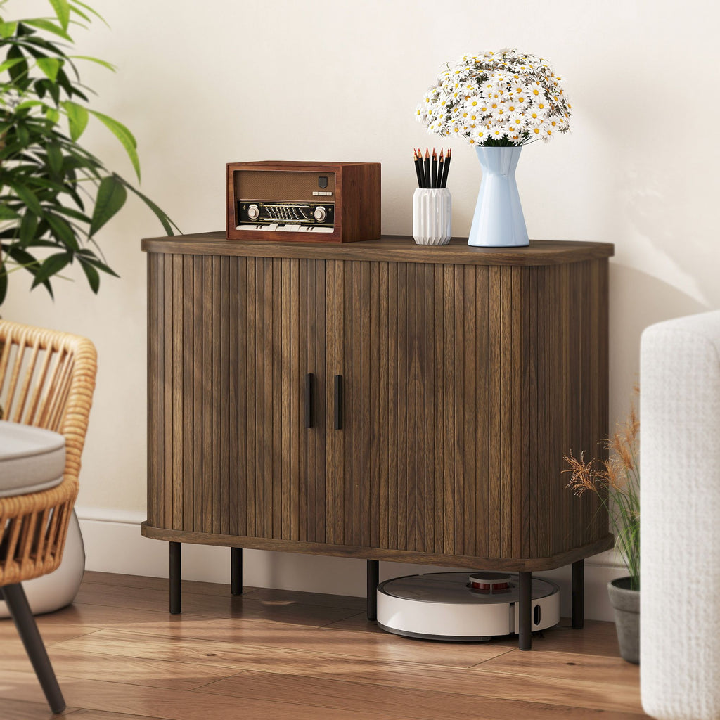 Slatted Tambour Door Sideboard Cabinet with Storage, Walnut and Black