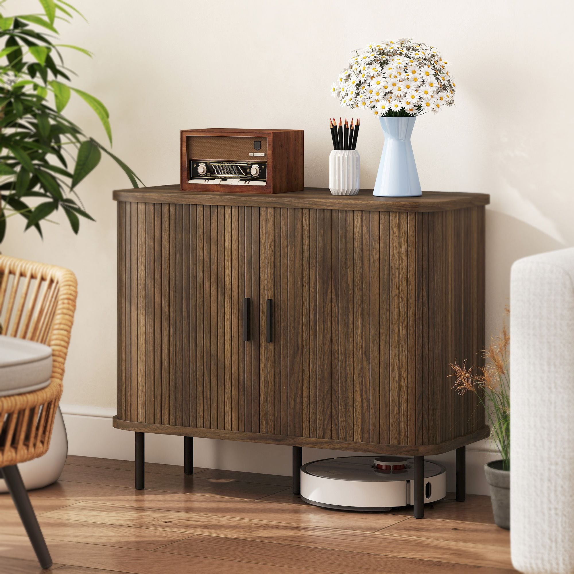 Slatted Tambour Door Sideboard Cabinet with Storage, Walnut and Black