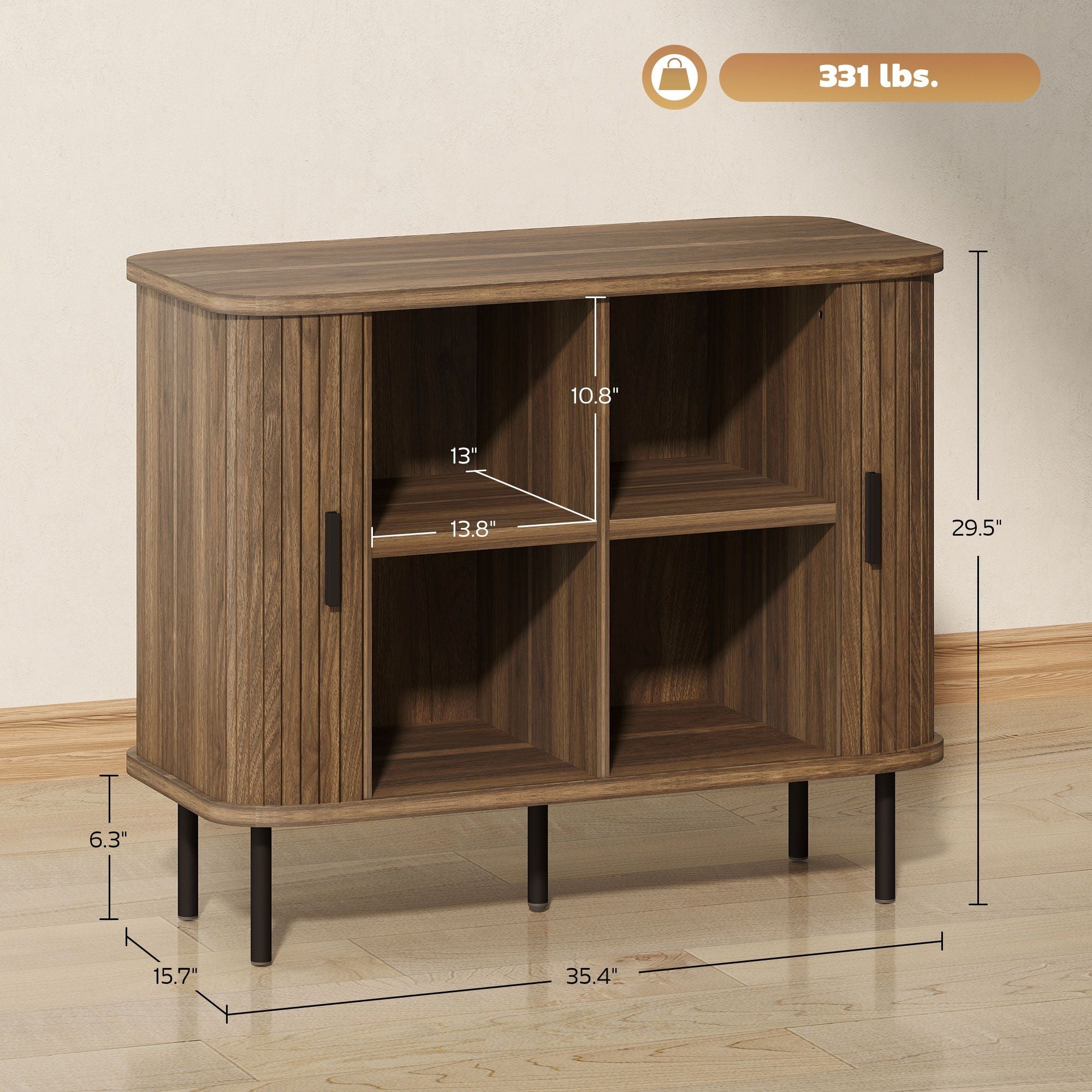 Slatted Tambour Door Sideboard Cabinet with Storage, Walnut and Black