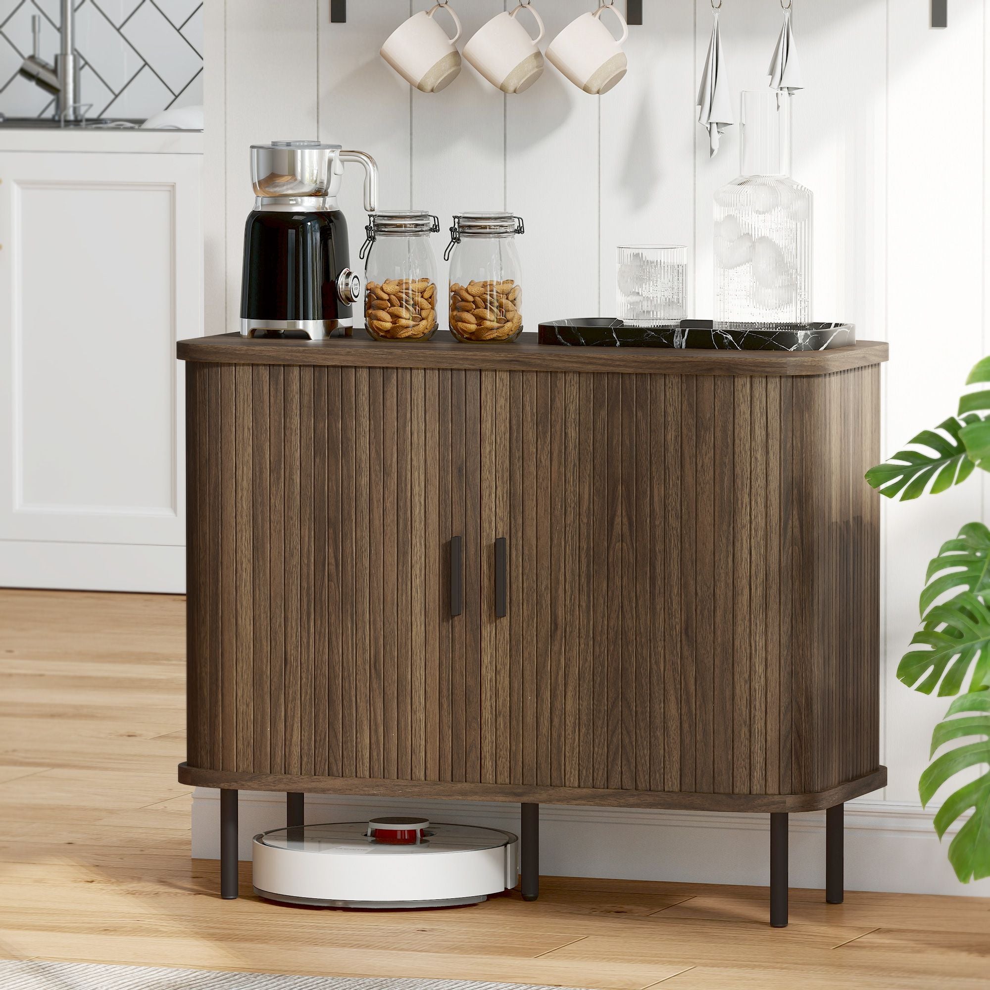 Slatted Tambour Door Sideboard Cabinet with Storage, Walnut and Black