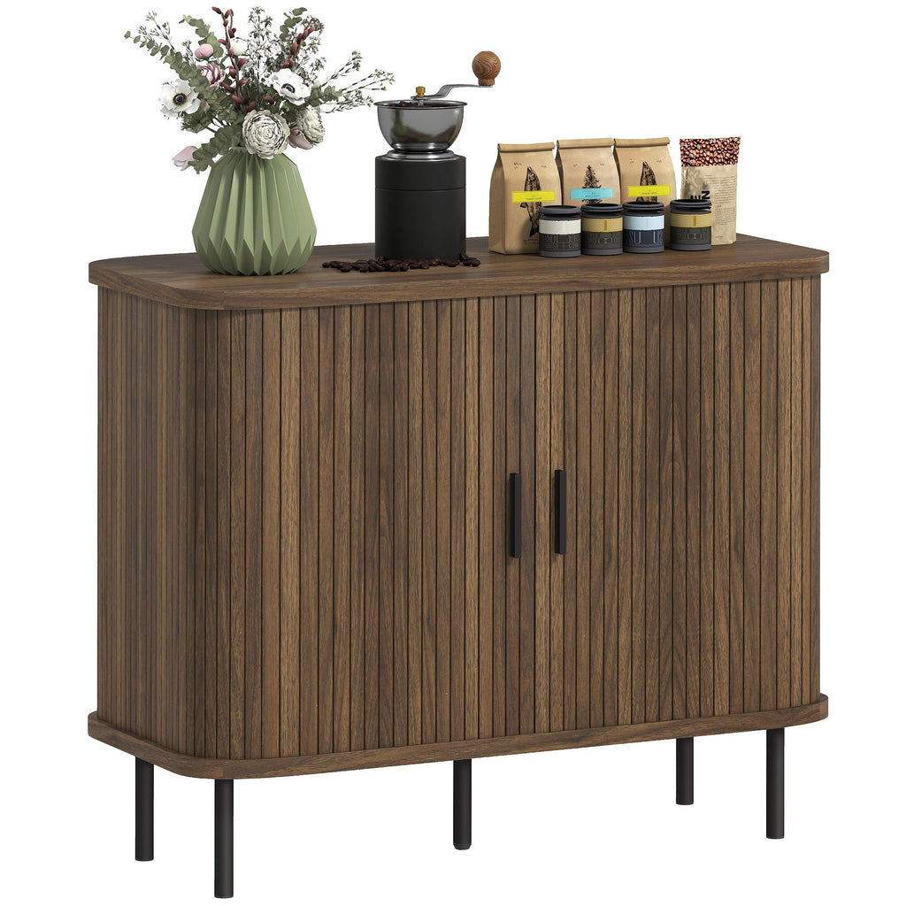 Slatted Tambour Door Sideboard Cabinet with Storage, Walnut and Black