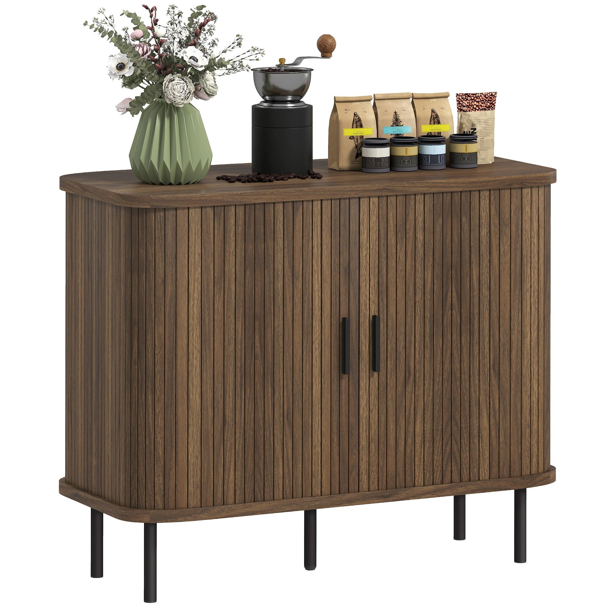Slatted Tambour Door Sideboard Cabinet with Storage, Walnut and Black