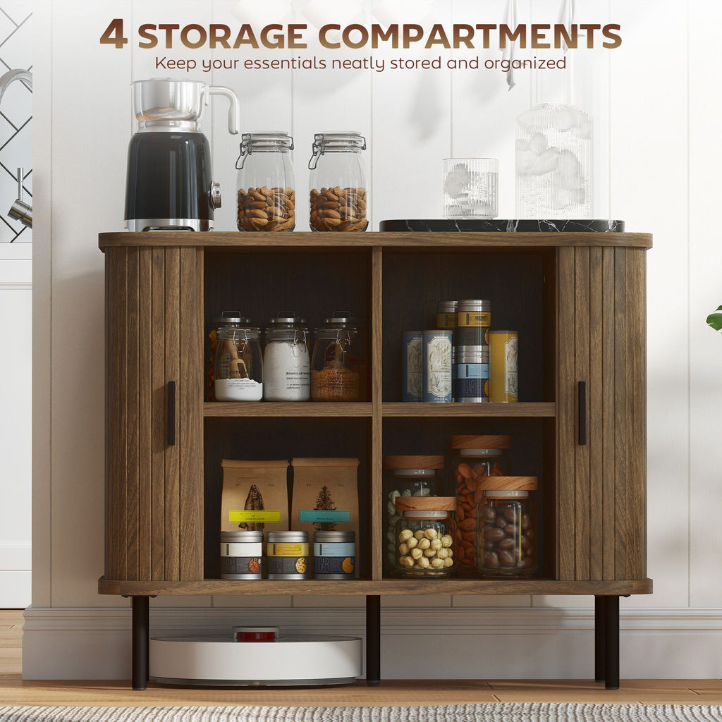 Slatted Tambour Door Sideboard Cabinet with Storage, Walnut and Black