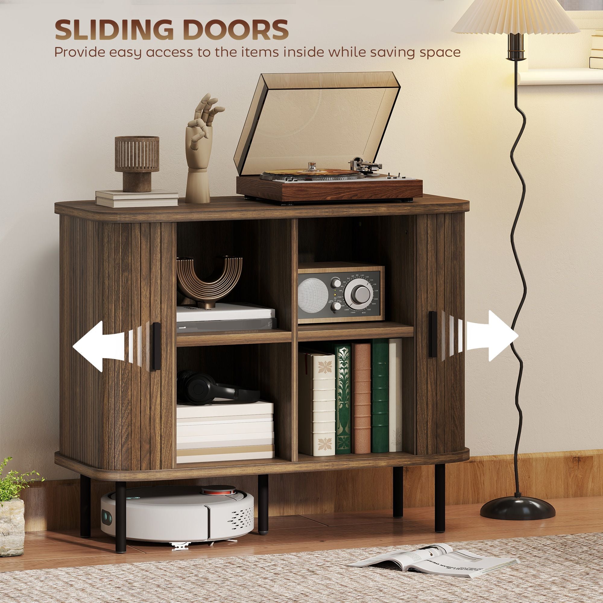 Slatted Tambour Door Sideboard Cabinet with Storage, Walnut and Black