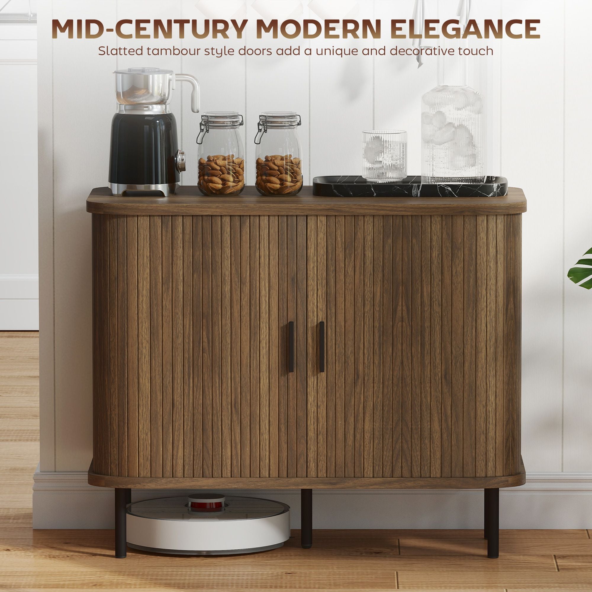 Slatted Tambour Door Sideboard Cabinet with Storage, Walnut and Black