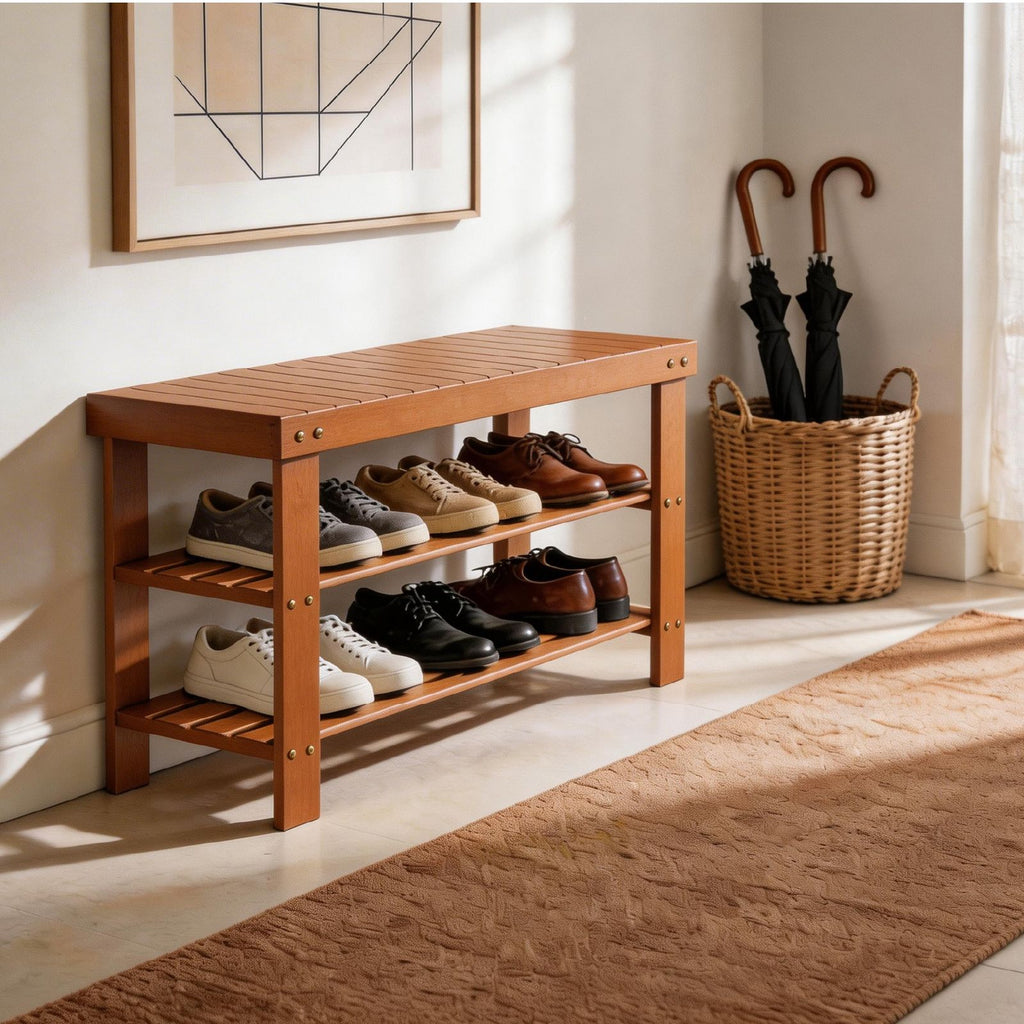 3-Tier Open Shoe Rack – Natural Look, Ventilated Storage