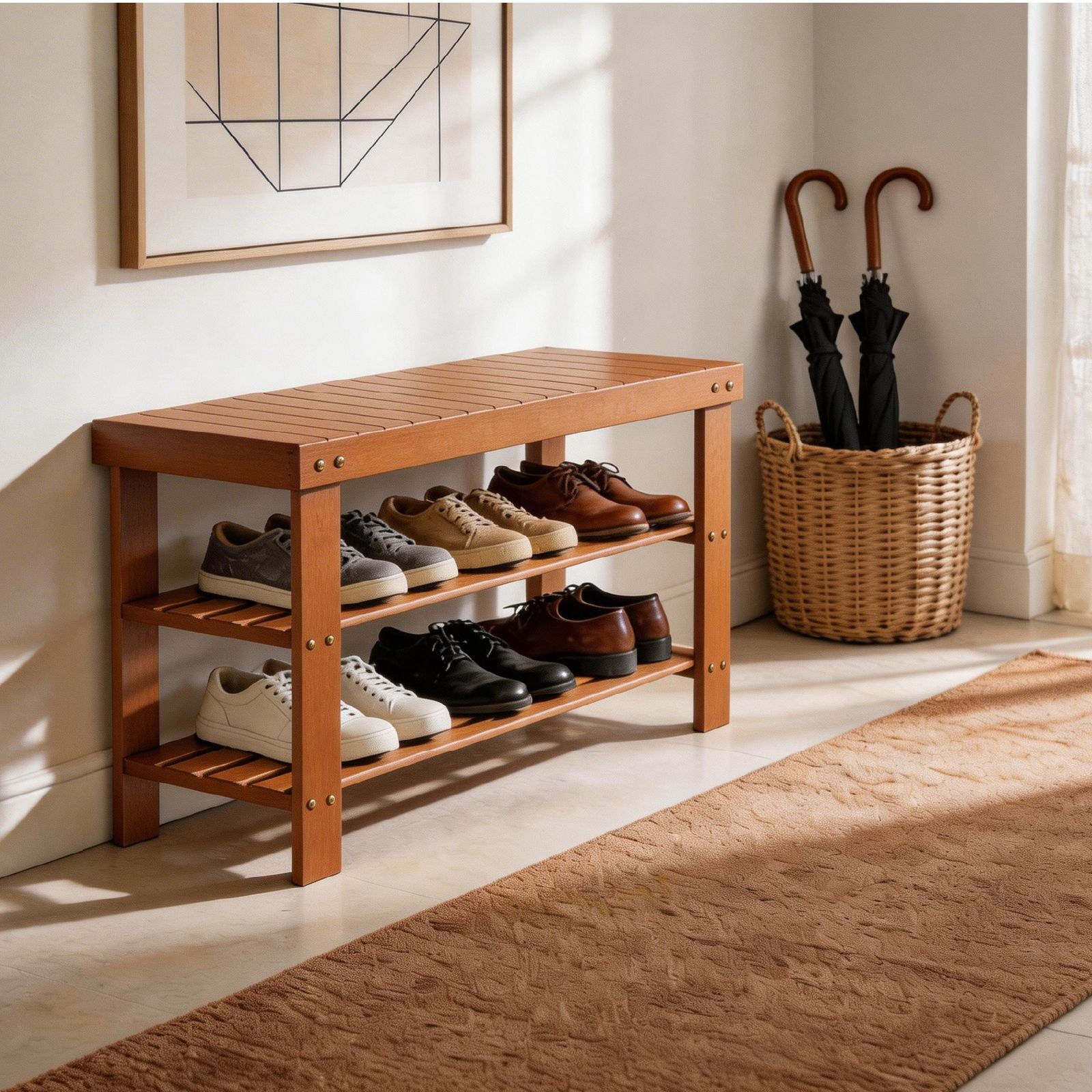 3-Tier Open Shoe Rack – Natural Look, Ventilated Storage