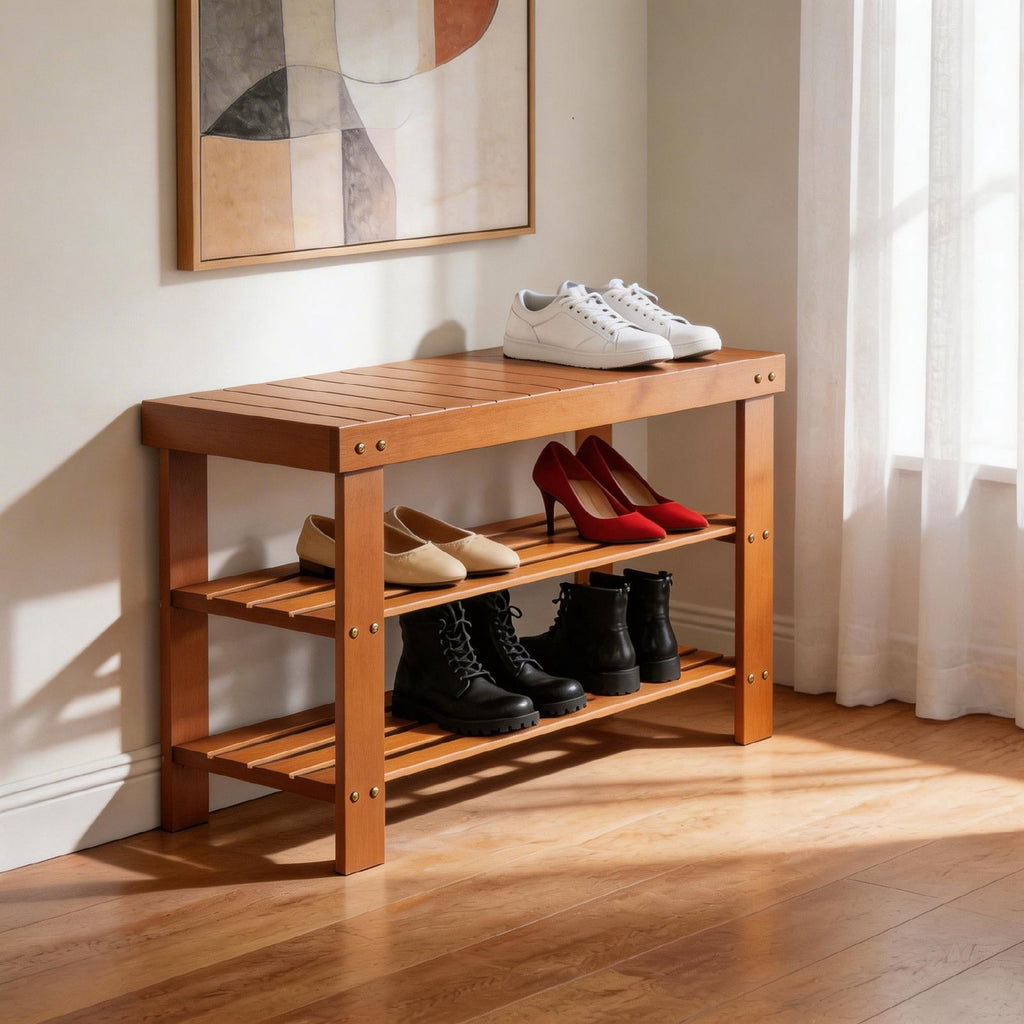 3-Tier Open Shoe Rack – Natural Look, Ventilated Storage