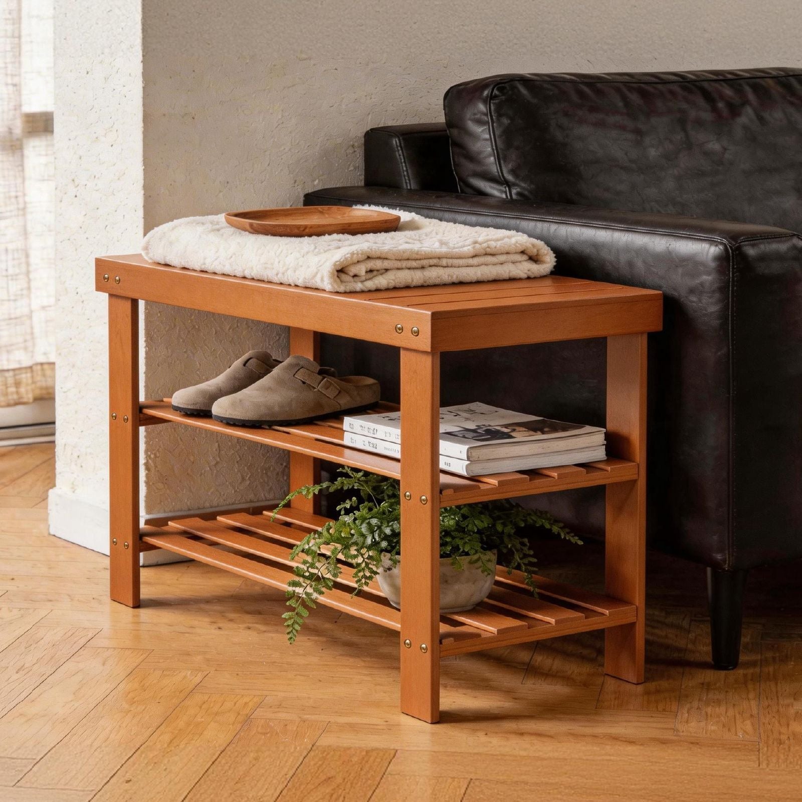 3-Tier Open Shoe Rack – Natural Look, Ventilated Storage