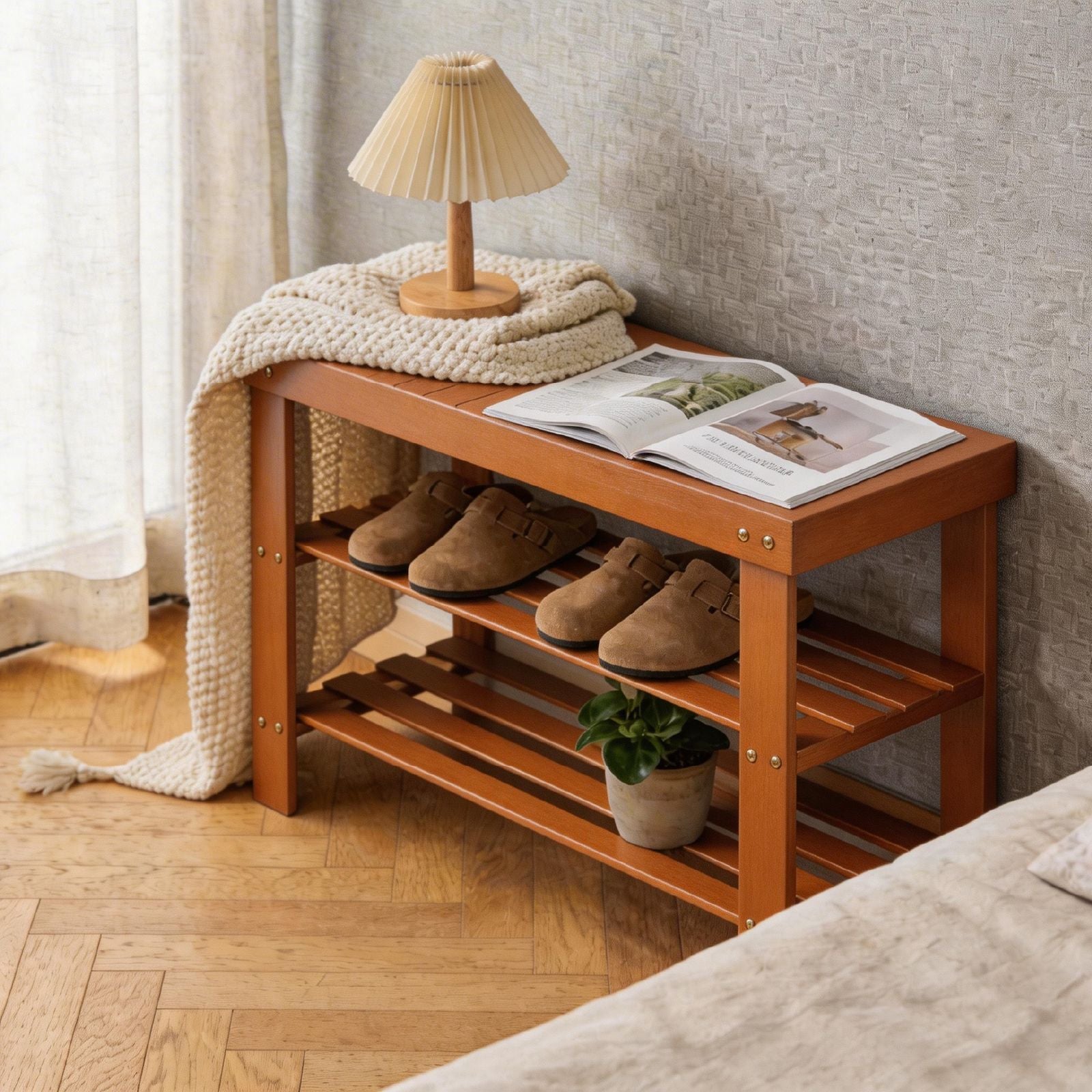 3-Tier Open Shoe Rack – Natural Look, Ventilated Storage