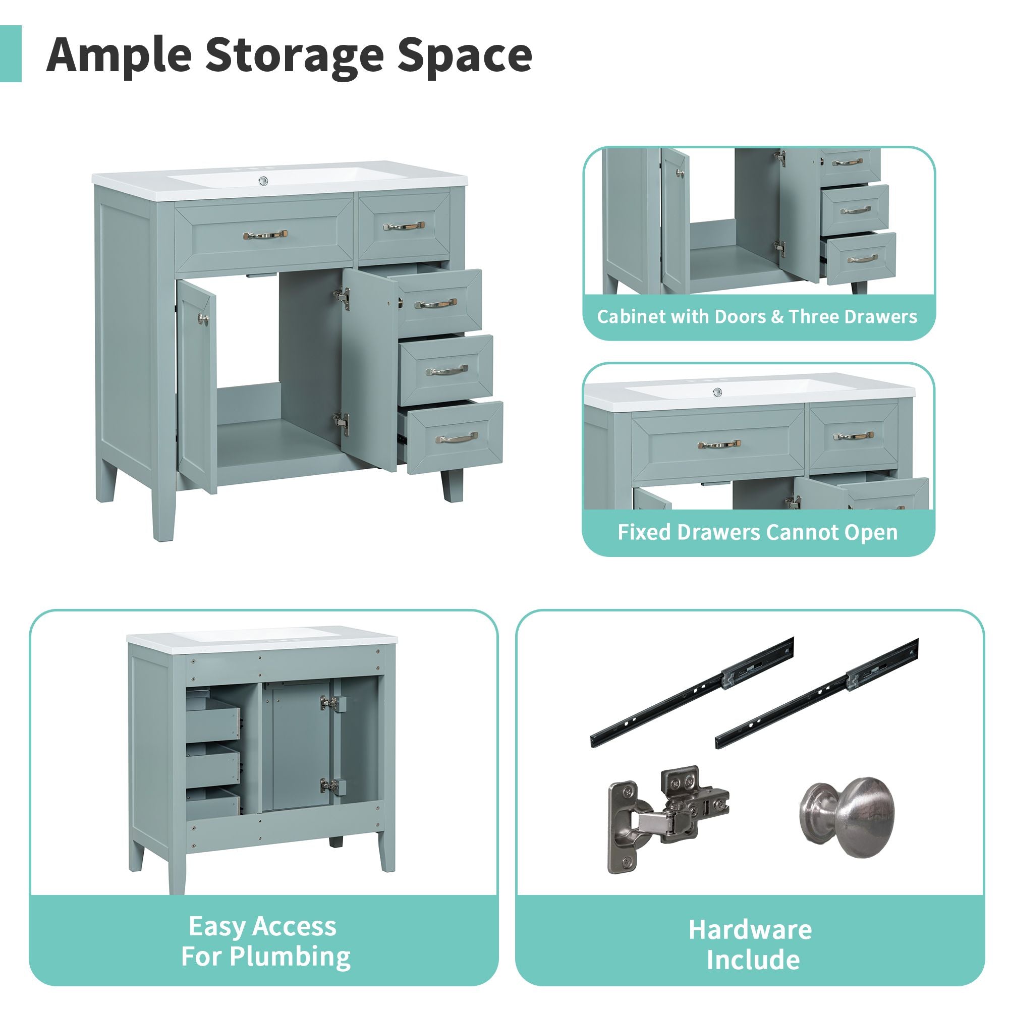 Bathroom Vanity with Sink Combo, Green Bathroom Cabinet with Drawers, Solid Frame and