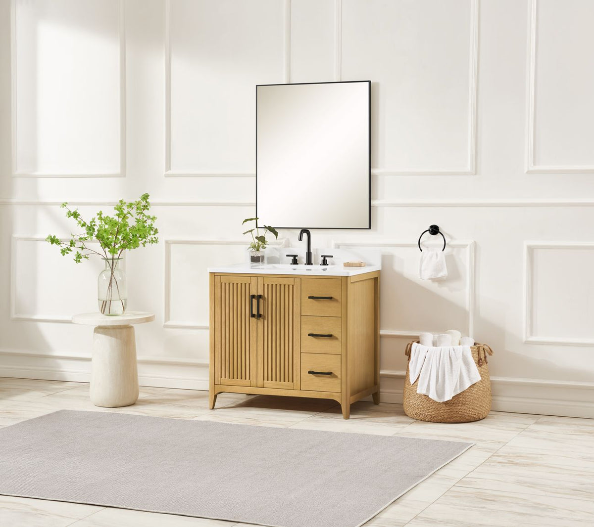 36 Solid Wood Bathroom Vanity with Power Station - Natural Oak