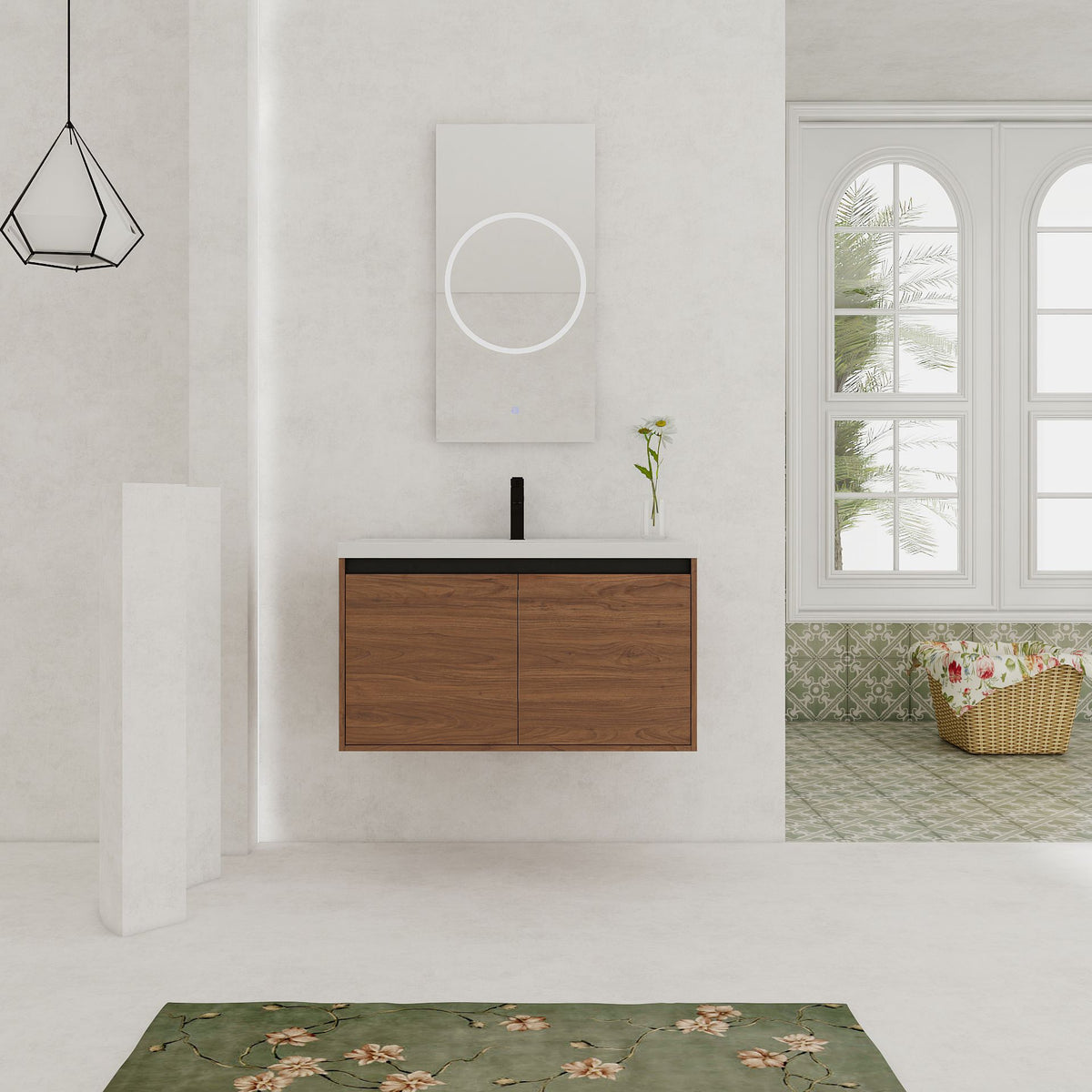 Natural Brown Wall-Mounted Vanity with Basin and Double Doors