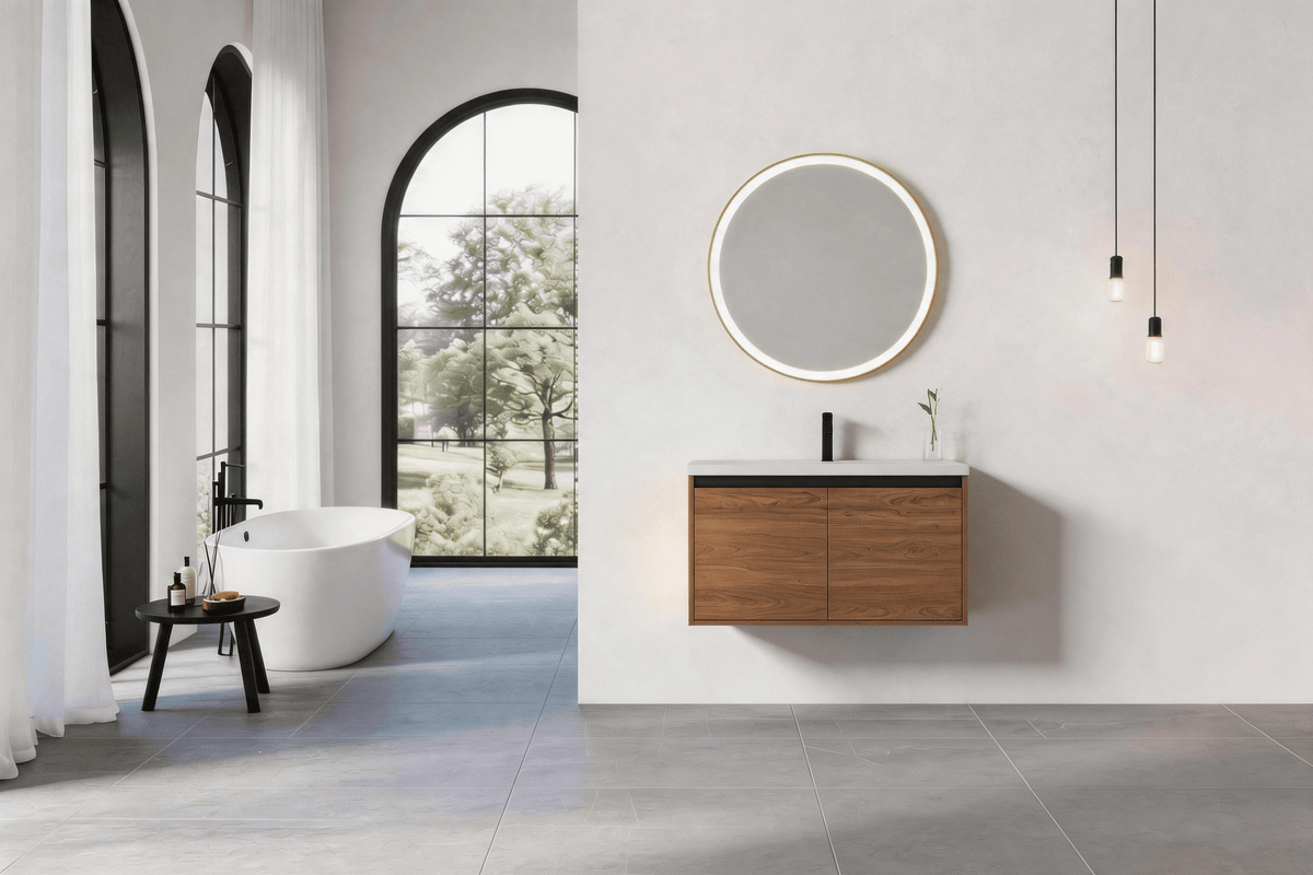 Natural Brown Wall-Mounted Vanity with Basin and Double Doors