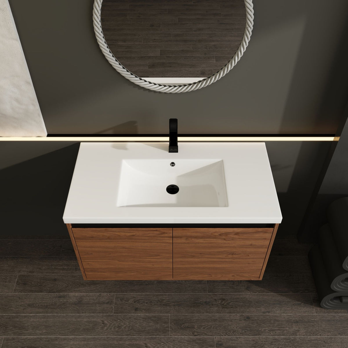 Natural Brown Wall-Mounted Vanity with Basin and Double Doors