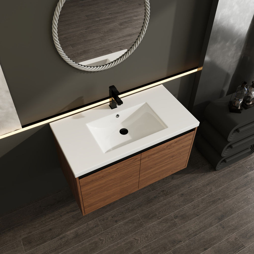 Natural Brown Wall-Mounted Vanity with Basin and Double Doors