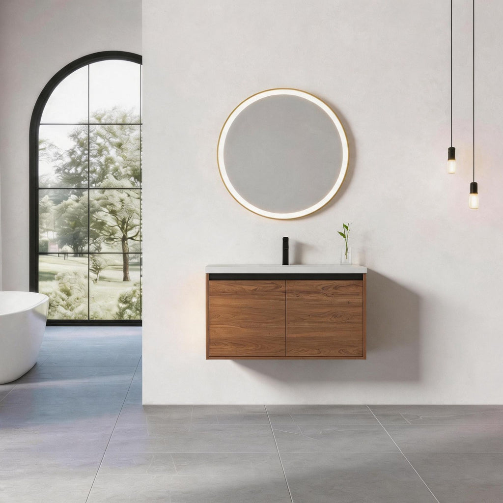 Natural Brown Wall-Mounted Vanity with Basin and Double Doors