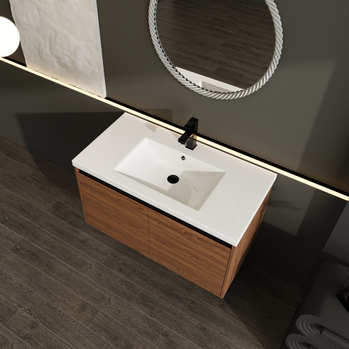 Natural Brown Wall-Mounted Vanity with Basin and Double Doors
