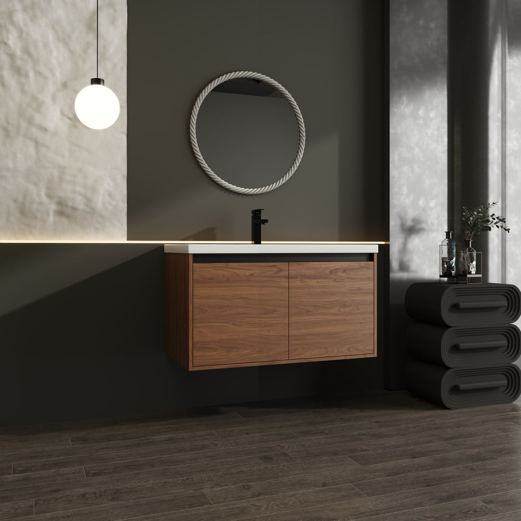 Natural Brown Wall-Mounted Vanity with Basin and Double Doors
