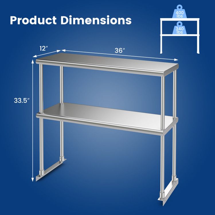 Stainless Steel Double-Tier Overshelf with Adjustable Lower Shelf