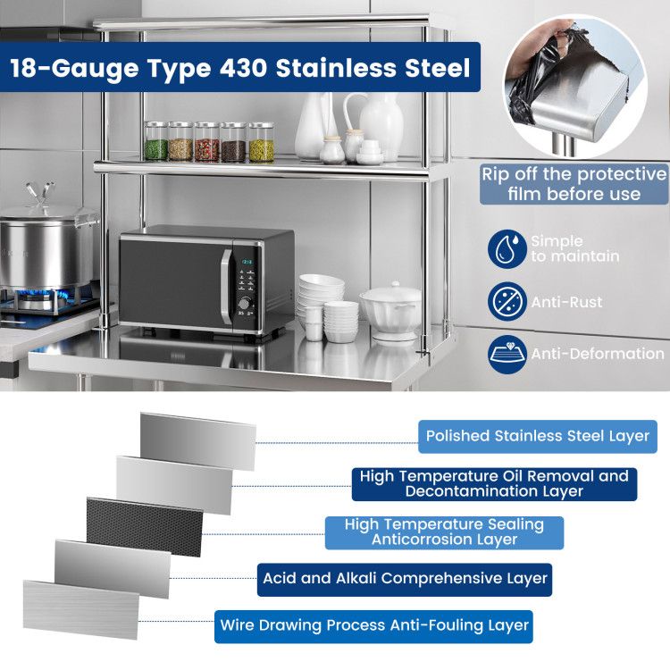 Stainless Steel Double-Tier Overshelf with Adjustable Lower Shelf