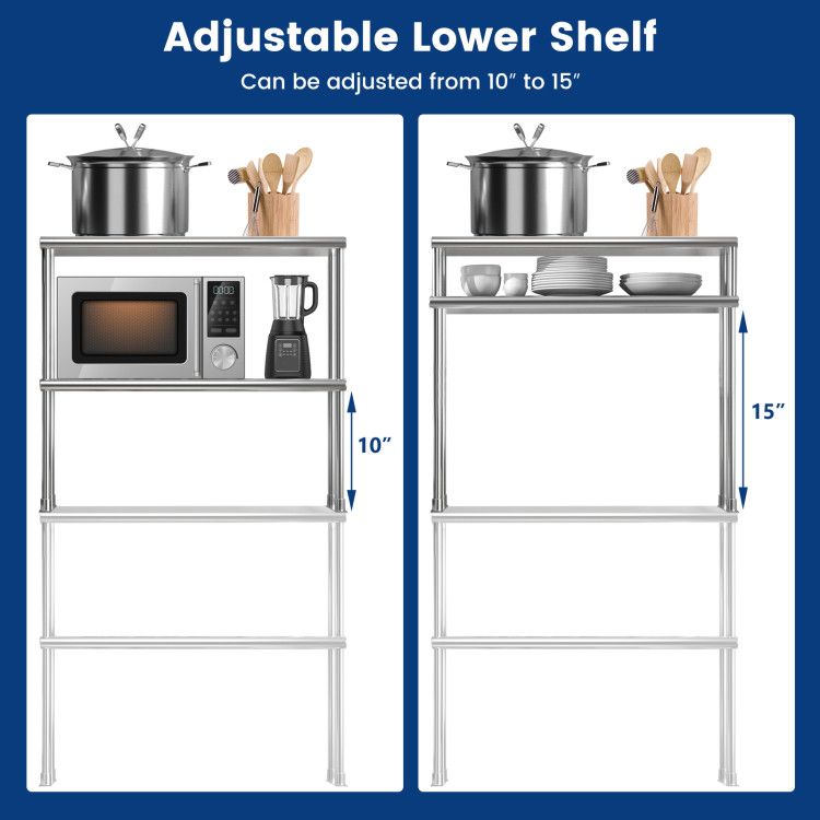 Stainless Steel Double-Tier Overshelf with Adjustable Lower Shelf