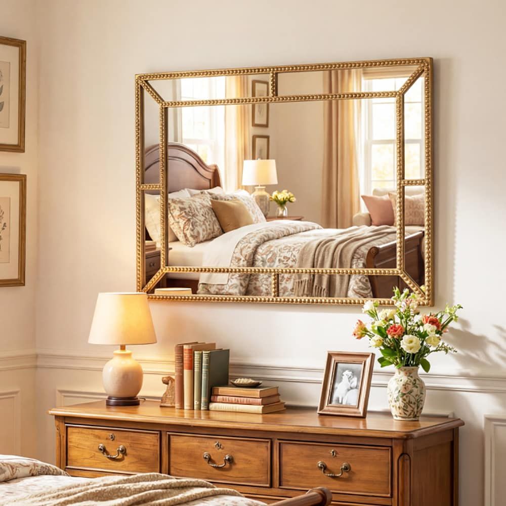 Gold Beaded Wall Mirror for Refined Room Decor
