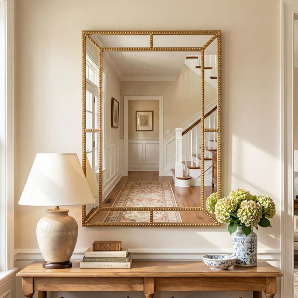 Gold Beaded Wall Mirror for Refined Room Decor