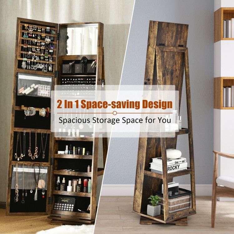 360° Rotating Jewelry Cabinet with Full-Length Mirror