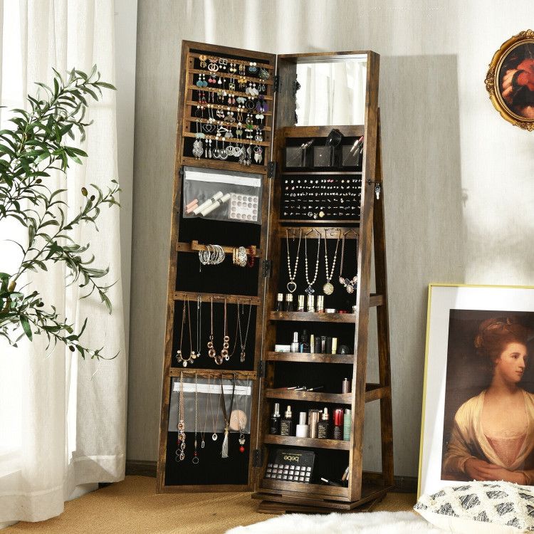 360° Rotating Jewelry Cabinet with Full-Length Mirror