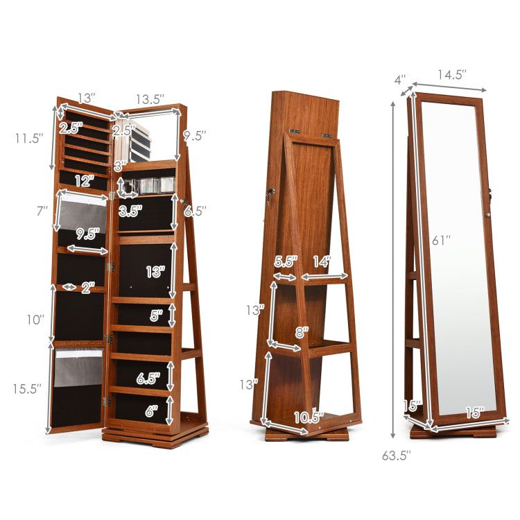 360° Rotating Jewelry Cabinet with Full-Length Mirror